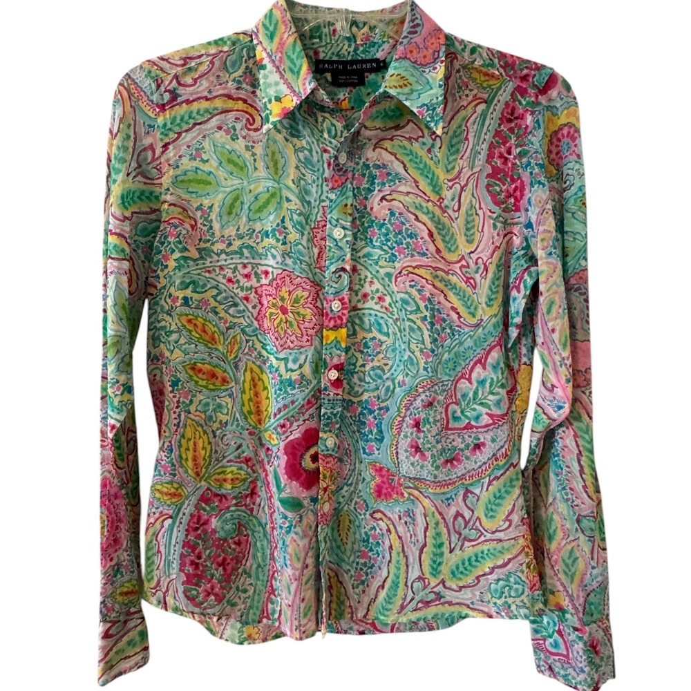 Ralph Lauren Womens 6 Cotton Paisley Floral Button Down Shirt Multicolor L/S